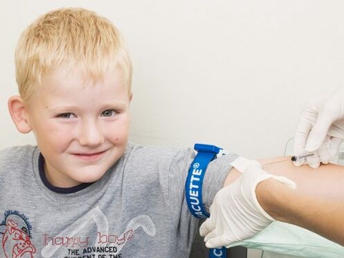 The child gives blood for analysis if a parasitic infection is suspected